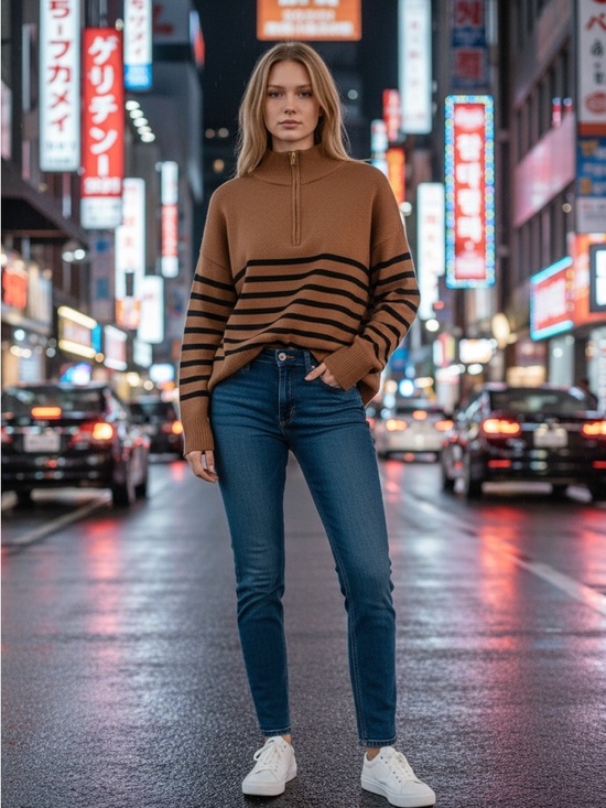 Dkny Sweaters - DKNY Brown and Black Striped 1/4 Zip Pull Over L